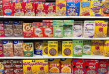 Cereal boxes on shelves.