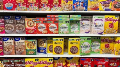 Cereal boxes on shelves.