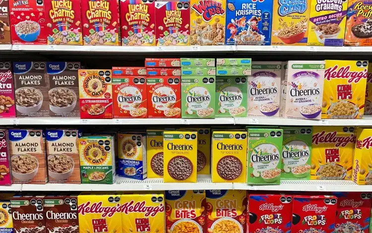 Cereal boxes on shelves.