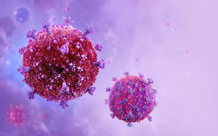 An illustration of HIV virus cells.