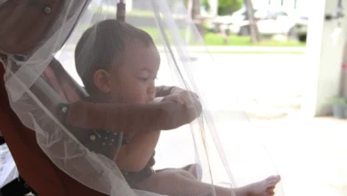 A baby protected from mosquito by net.