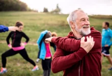 A group of people exercising.